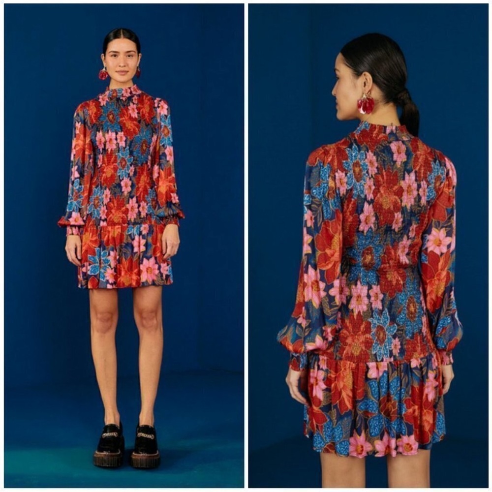 FARM RIO SMOCKED Blouson-sleeve Mini DRESS GARDEN NAVY Floral  Sz XS viscose